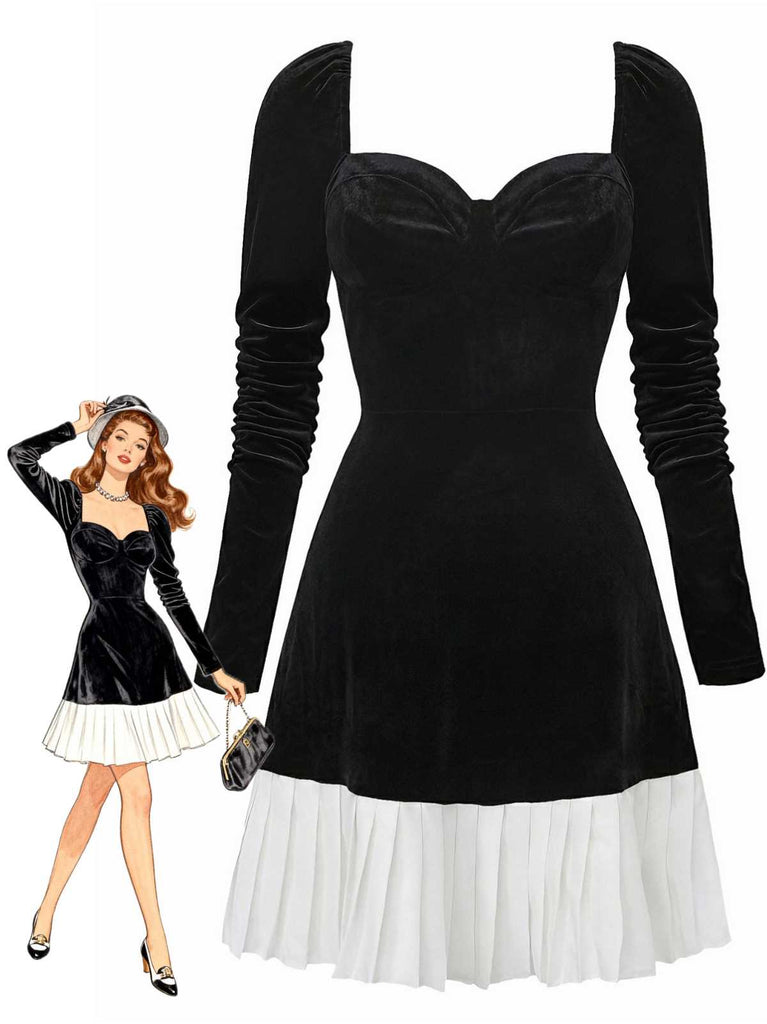 1960s Sweetheart Neck Contrast Velvet Pleated Hem Dress