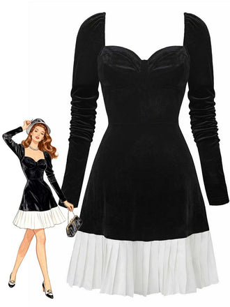 1960s Sweetheart Neck Contrast Velvet Pleated Hem Dress