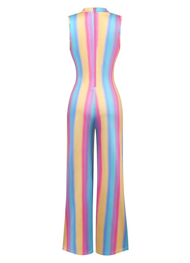 1970s Rainbow Stripe Sleeveless Wide-Leg Jumpsuit