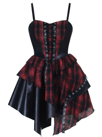 1980s Gothic Punk Leather Plaids Corset Dress