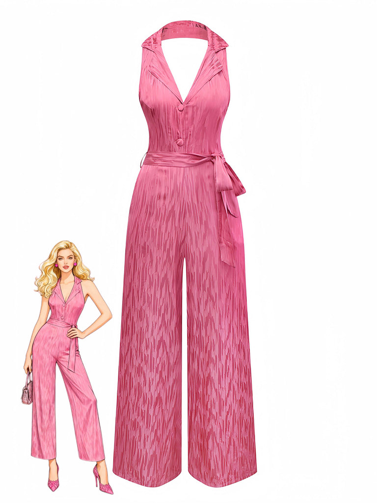 Pink 1970s Halter Lapel Satin Jumpsuit