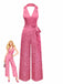 Pink 1970s Halter Lapel Satin Jumpsuit
