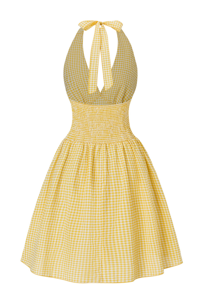 Yellow 1960s Halter V-Neck Plaids Dress
