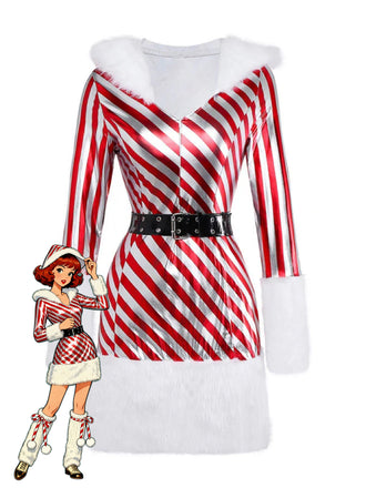 Red 1960s Candy Cane Stripe Hooded Dress & Leg Warmers