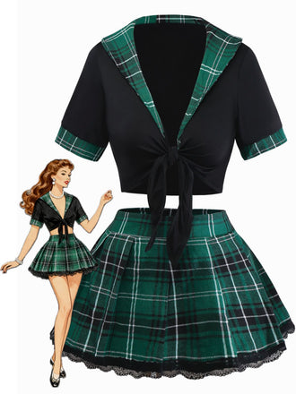 1980s Sexy Lace-Up Plaid Pajama Set