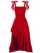 1930s Solid Bow Slit Ruffled Hem Suspender Dress