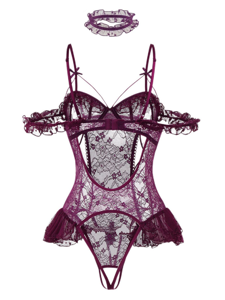 1980s Solid Lace Sheer Bodysuit Nighties