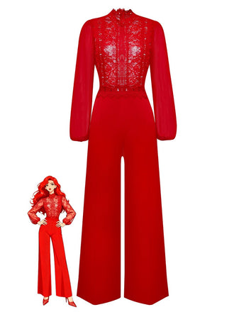 Red 1960s Solid Sheer Lace Long Sleeve Jumpsuit