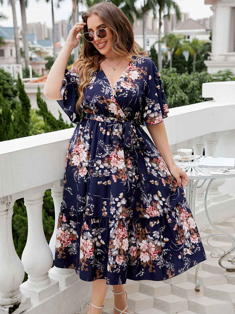 [Plus Size] Navy Blue 1950s V-Neck Floral Dress