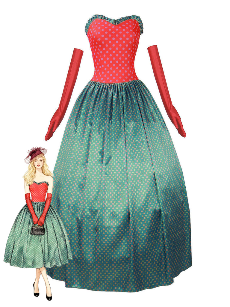 Green 1930s Grinch Martha Cosplay Polka Dot Strapless Dress