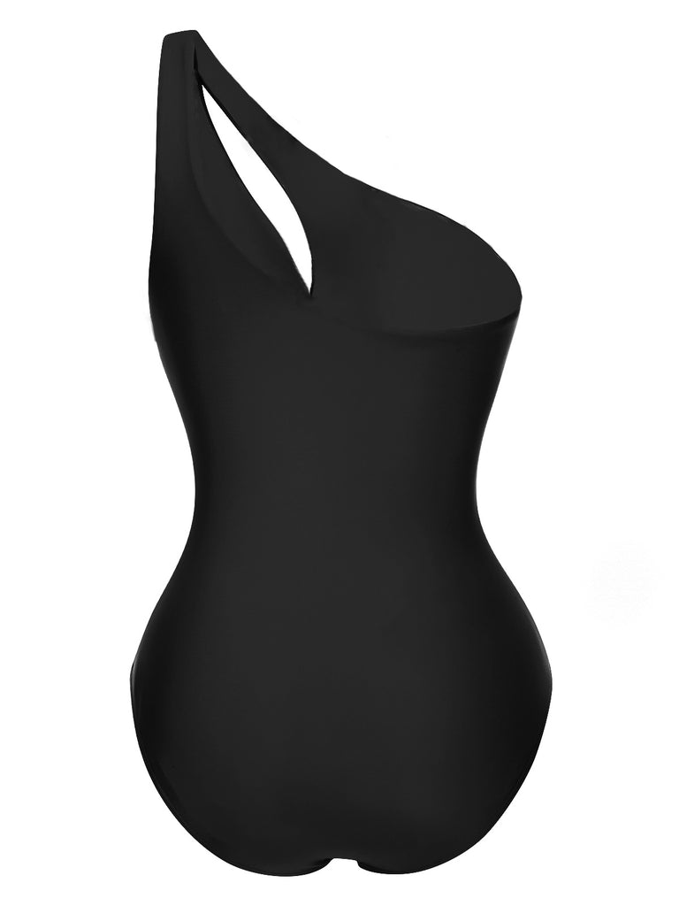 1930s One-Shoulder Cut-Out Solid One-Piece Swimsuit