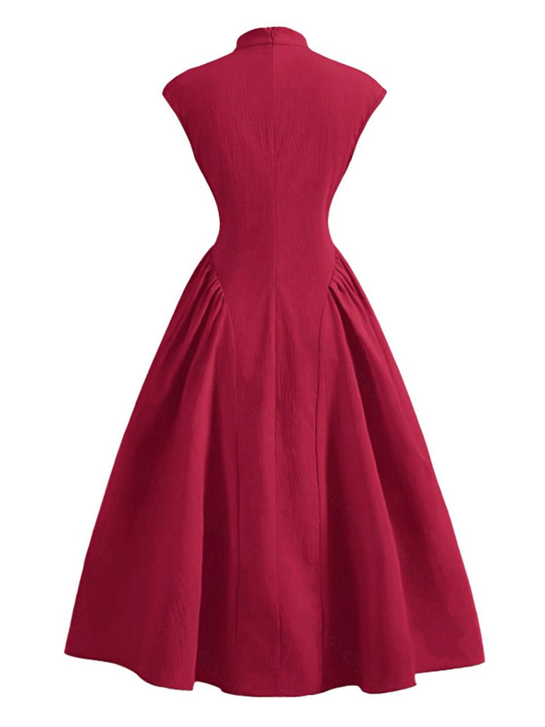 Red 1950s Cap Sleeve Stand Collar A-line Dress