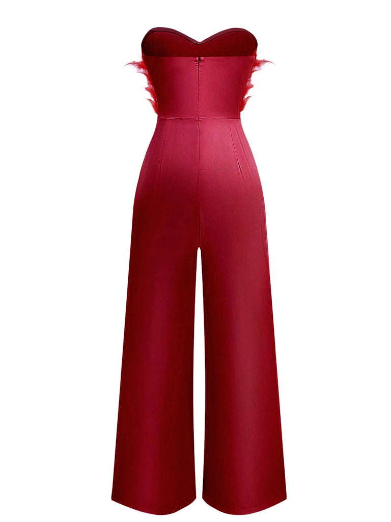 1970s Strapless Feather Solid Jumpsuit