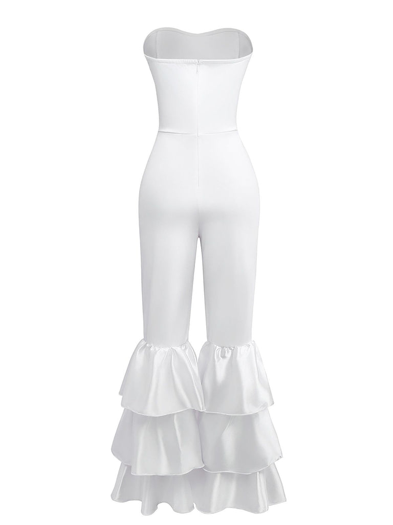 1970s Boho Strapless Solid Pleated Ruffle Jumpsuit