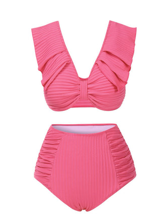 Pink 1940s Solid Ruffles Bow Ruched Bikini Set