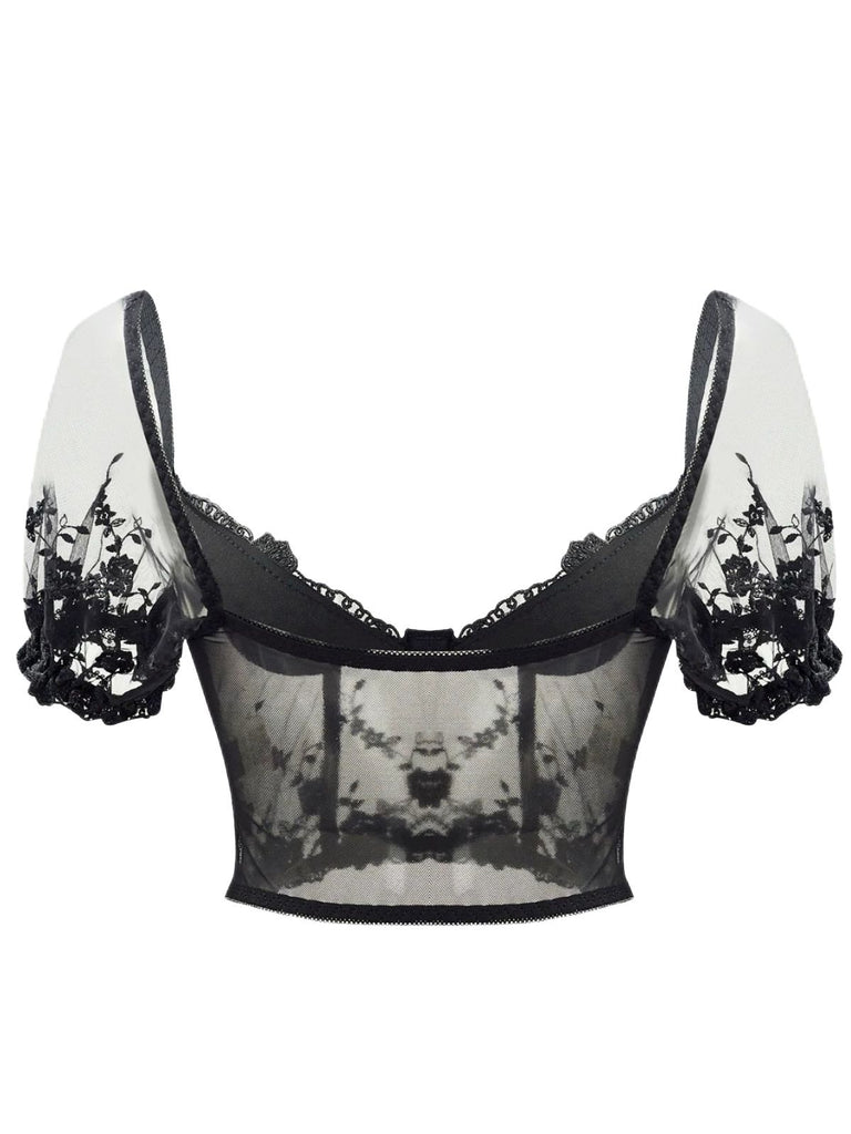 Black 1970s Puff Sleeve Lace Corset Top