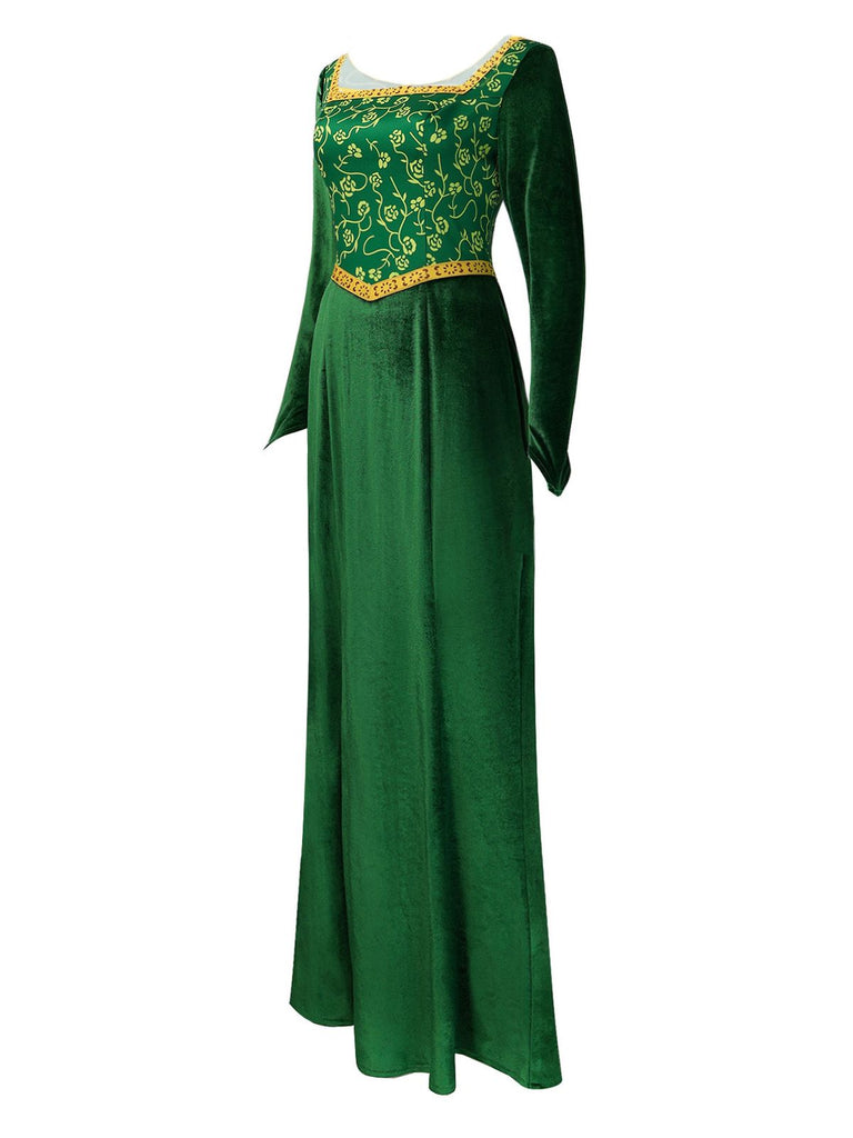 Green 1930s Shrek Medieval Style Embroidered Dress