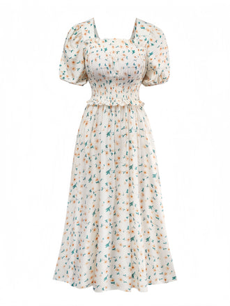 Yellow 1940s Floral Square Neck Dress