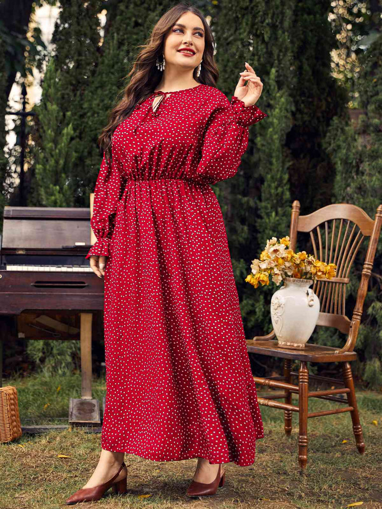 [Plus Size] Red 1950s Bishop Polka Dots Dress