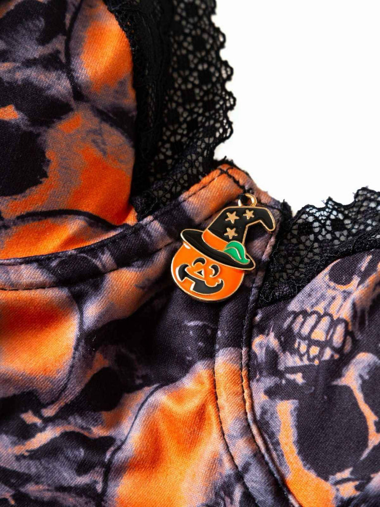 Orange 1970s Skull Lace Spaghetti Strap Bodysuit
