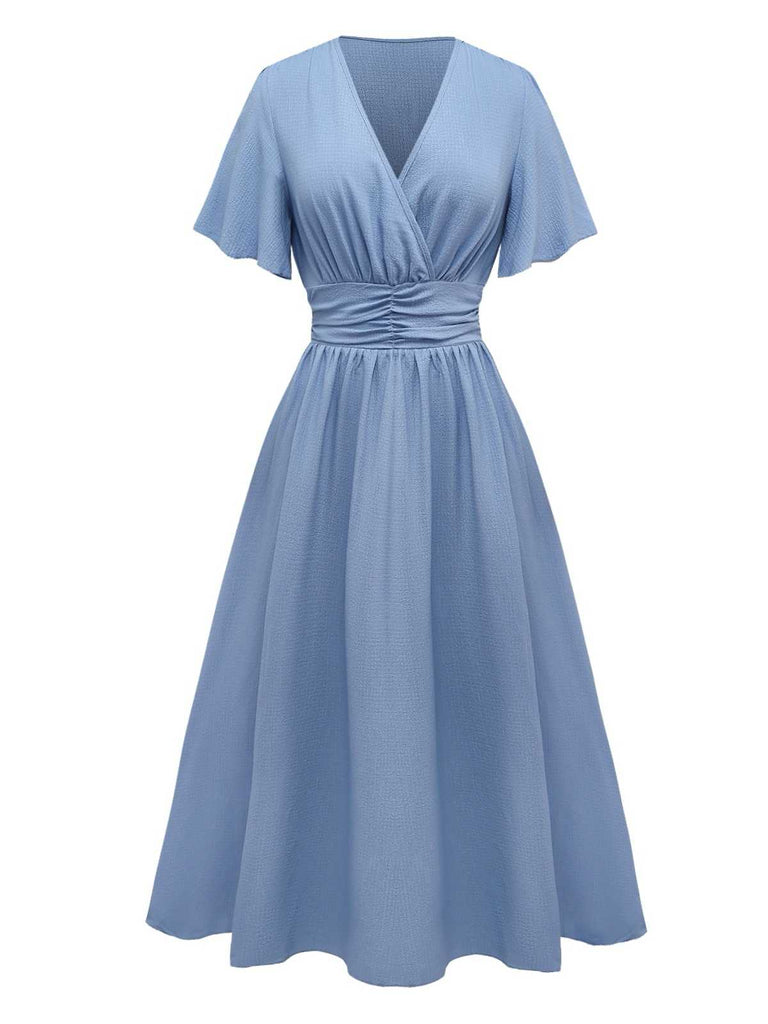 1940s V-Neck Ruffled Sleeve Slit Dress