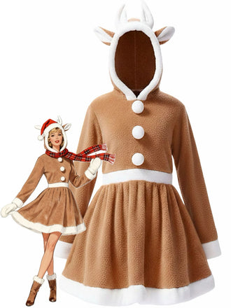 1960s Christmas Reindeer Hooded Coral Fleece Dress