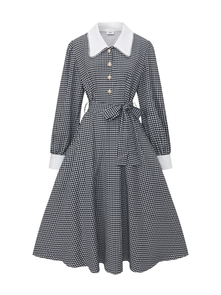 Black 1940s Houndstooth Puff-Sleeves Pearl Button Dress