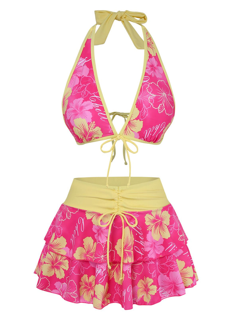 Pink 1960s Floral Print Tie-Front Layered Bikini Set