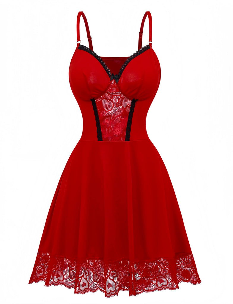 Red 1940s Spaghetti Strap Lace Trim Nightgown