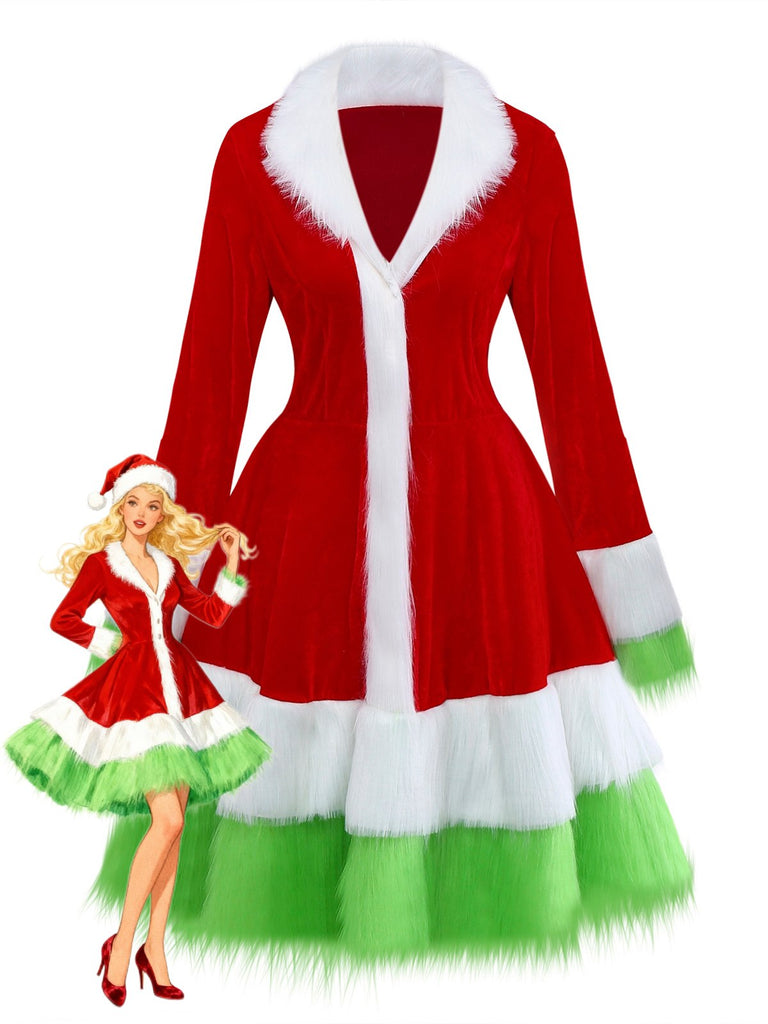 Red & Green 1940s Christmas Grinch Fur Trimmed Dress