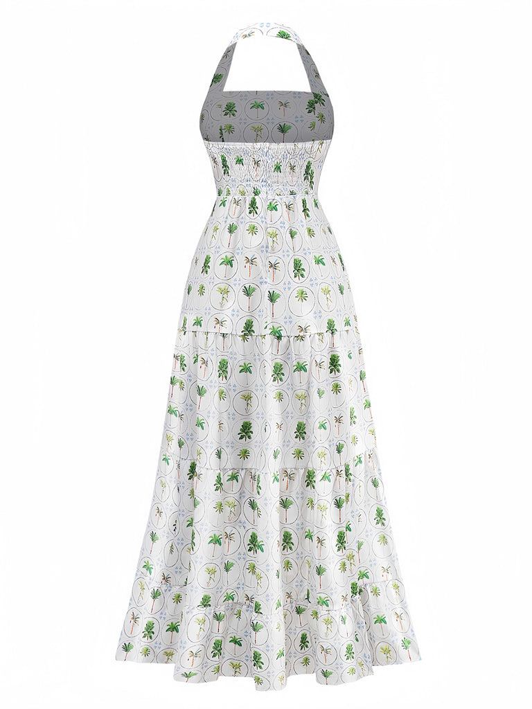 1970s Halter Palm Tile-Print Backless Dress