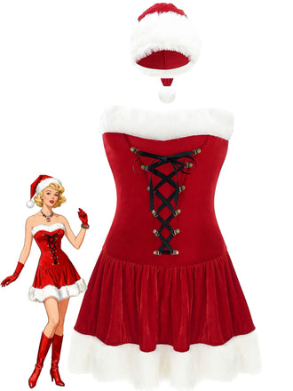 Red 1970s Christmas Plush Lace-Up Strapless Santa Dress