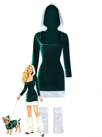 1980s Christmas Fur Trim Hooded Velvet Dress
