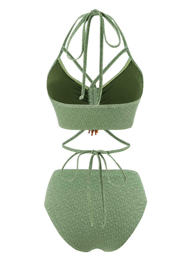 Green 1970s Halter Boho Beaded Bikini Set