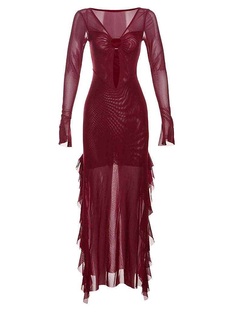 Wine Red 1970s Sheer Mesh Ruffle Maxi Dress