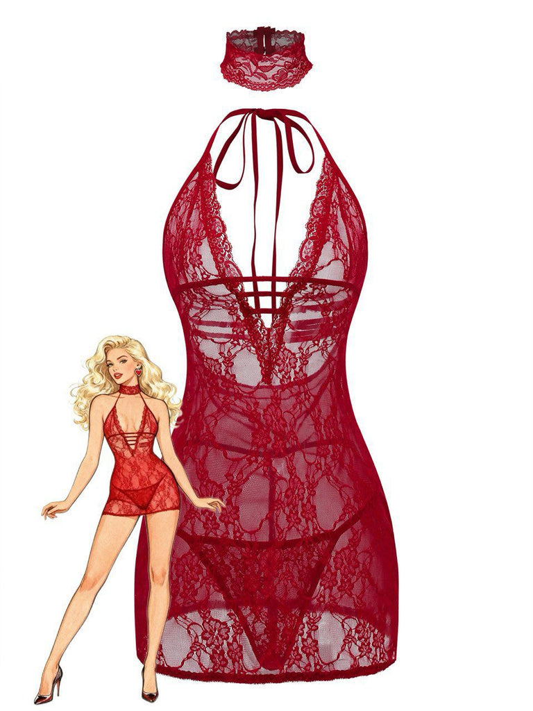 1980s V-Neck Backless Sexy Lace Cami Nightgown