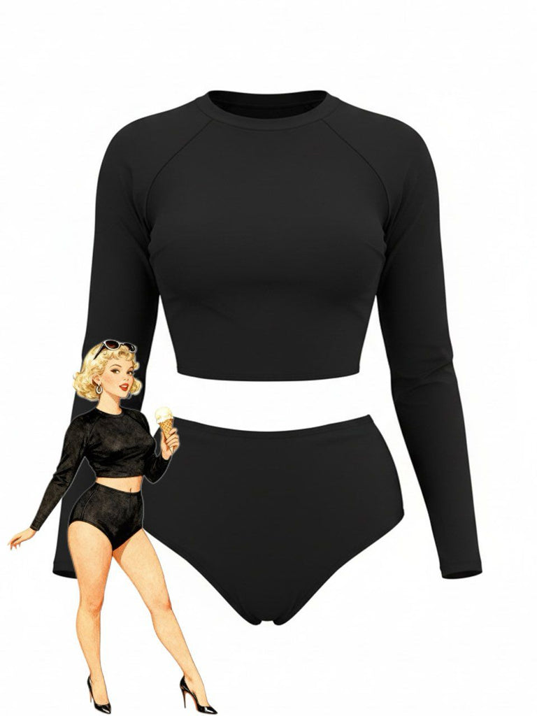 [Plus Size] Black 1980s Solid Long Sleeve High Waist Swimsuit Set