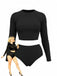 [Plus Size] Black 1980s Solid Long Sleeve High Waist Swimsuit Set