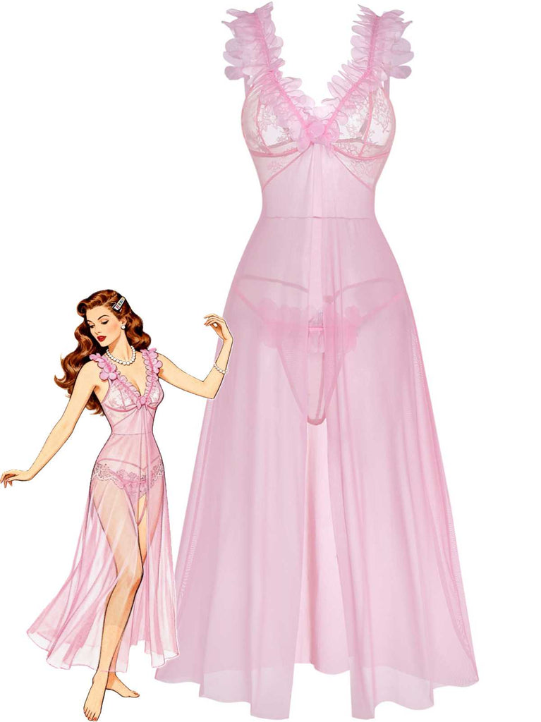 Pink 1930s 3D Floral Sheer Mesh Lace Lingerie Set