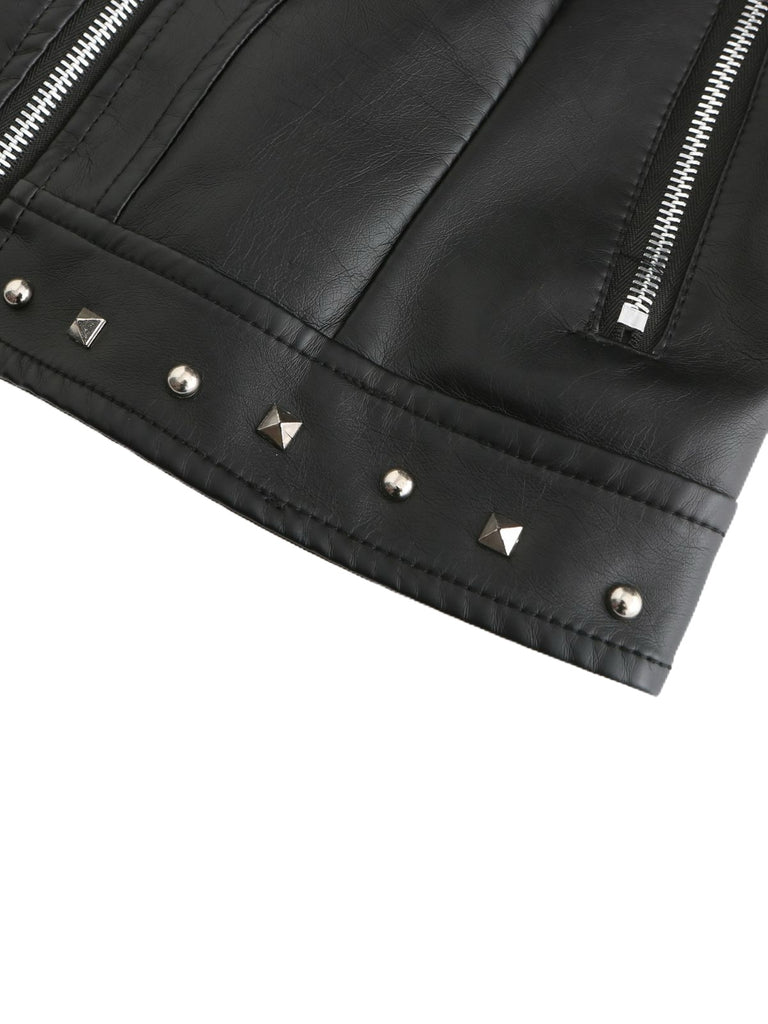 1940s Solid Studded Stand Collar Leather Jacket