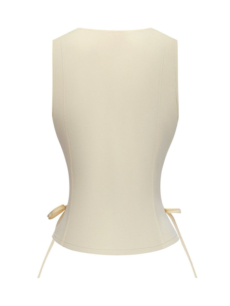 1970s Solid Waist-Tie V-Neck Vest