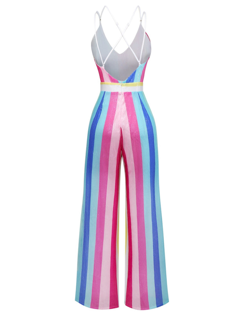 Multicolor 1960s V-Neck Sequined Vertical Striped Jumpsuit