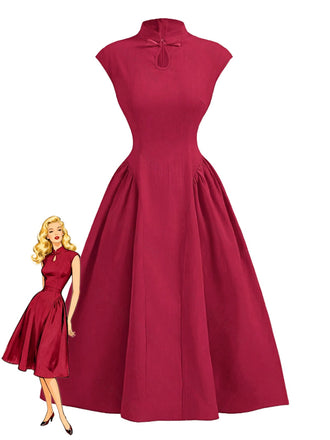 Red 1950s Cap Sleeve Stand Collar A-line Dress