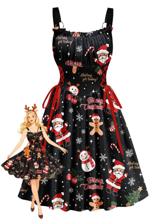 Black 1950s Christmas Print Lace-Up Dress
