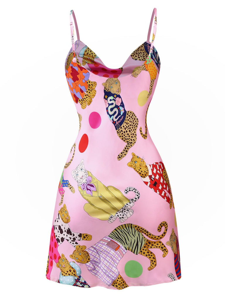 Pink 1970s Cheetah Print Satin Slip Nightdress