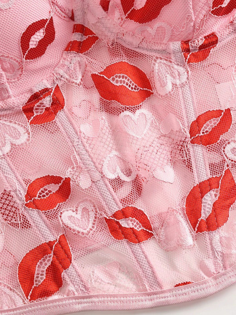 Pink 1950s Valentine's Day Kiss Print Lace Corset