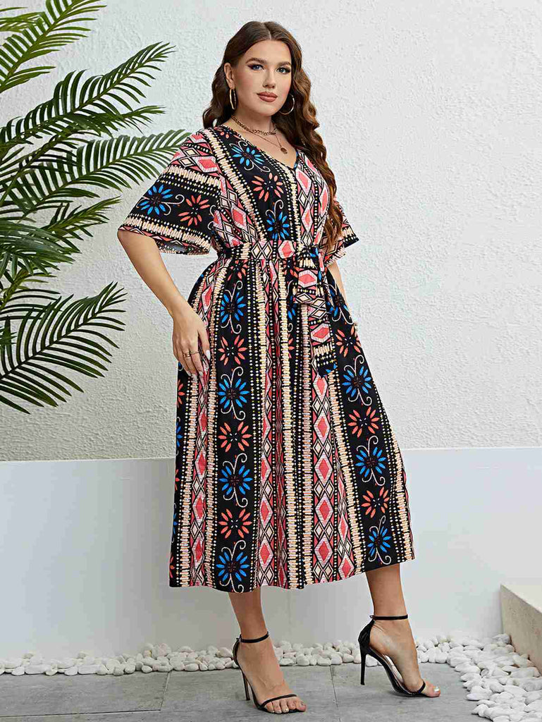 [Plus Size] 1950s V-Neck Geometric Tie Waist Dress