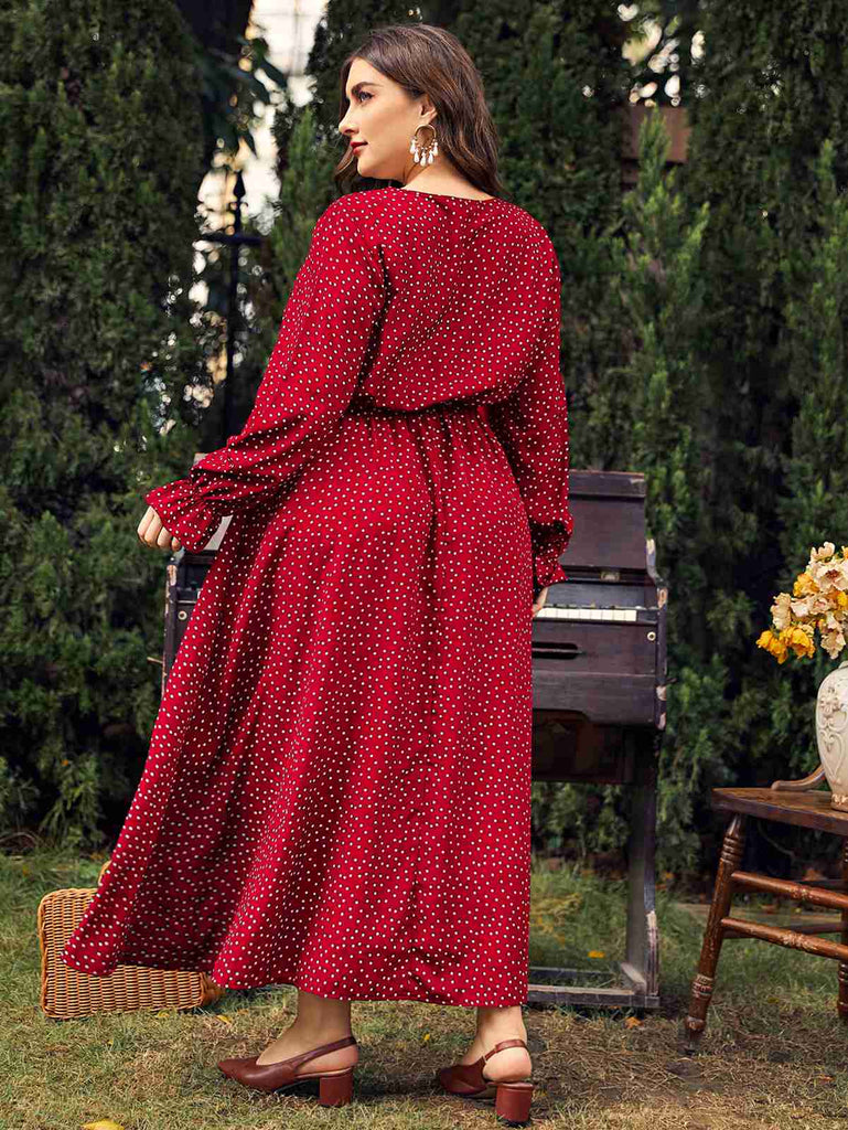 [Plus Size] Red 1950s Bishop Polka Dots Dress