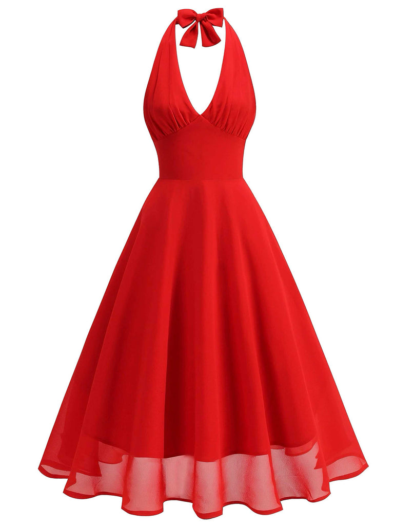 1950s Halter V-Neck Mesh Backless Dress