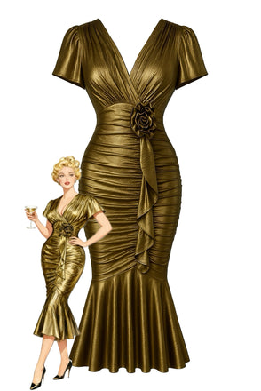 1930s Metallic Textured Floral Cinched Waist Fishtail Dress